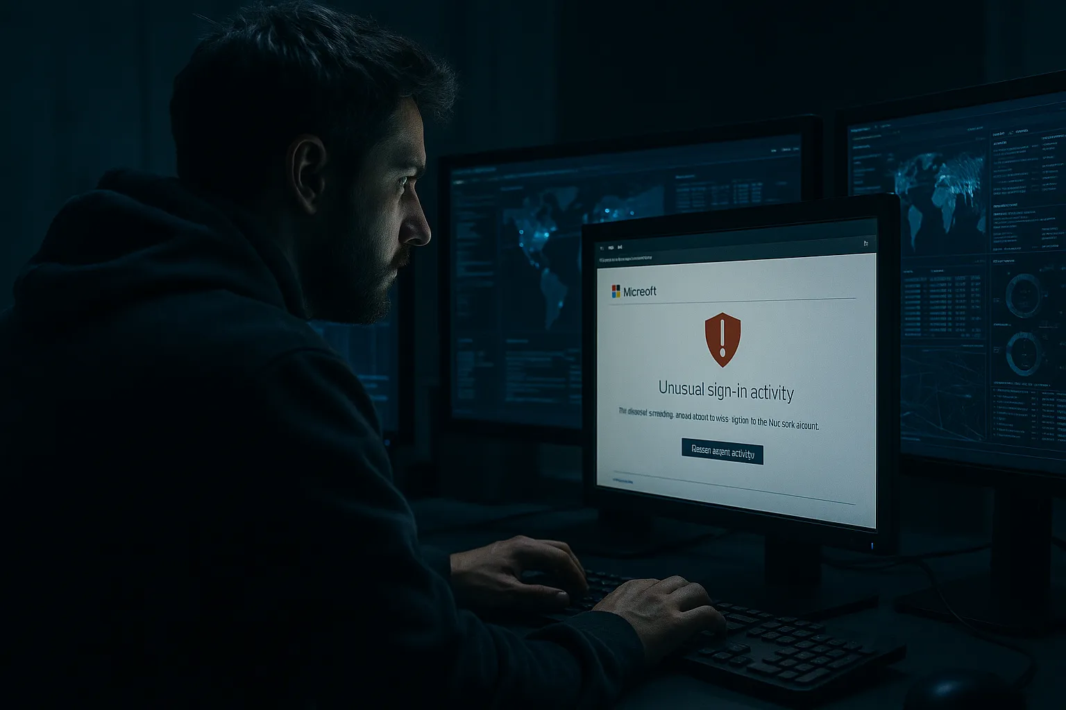 Dark cybersecurity workstation scene showing a fake Microsoft security alert email on screen, representing North Korean APT37 spear phishing attack