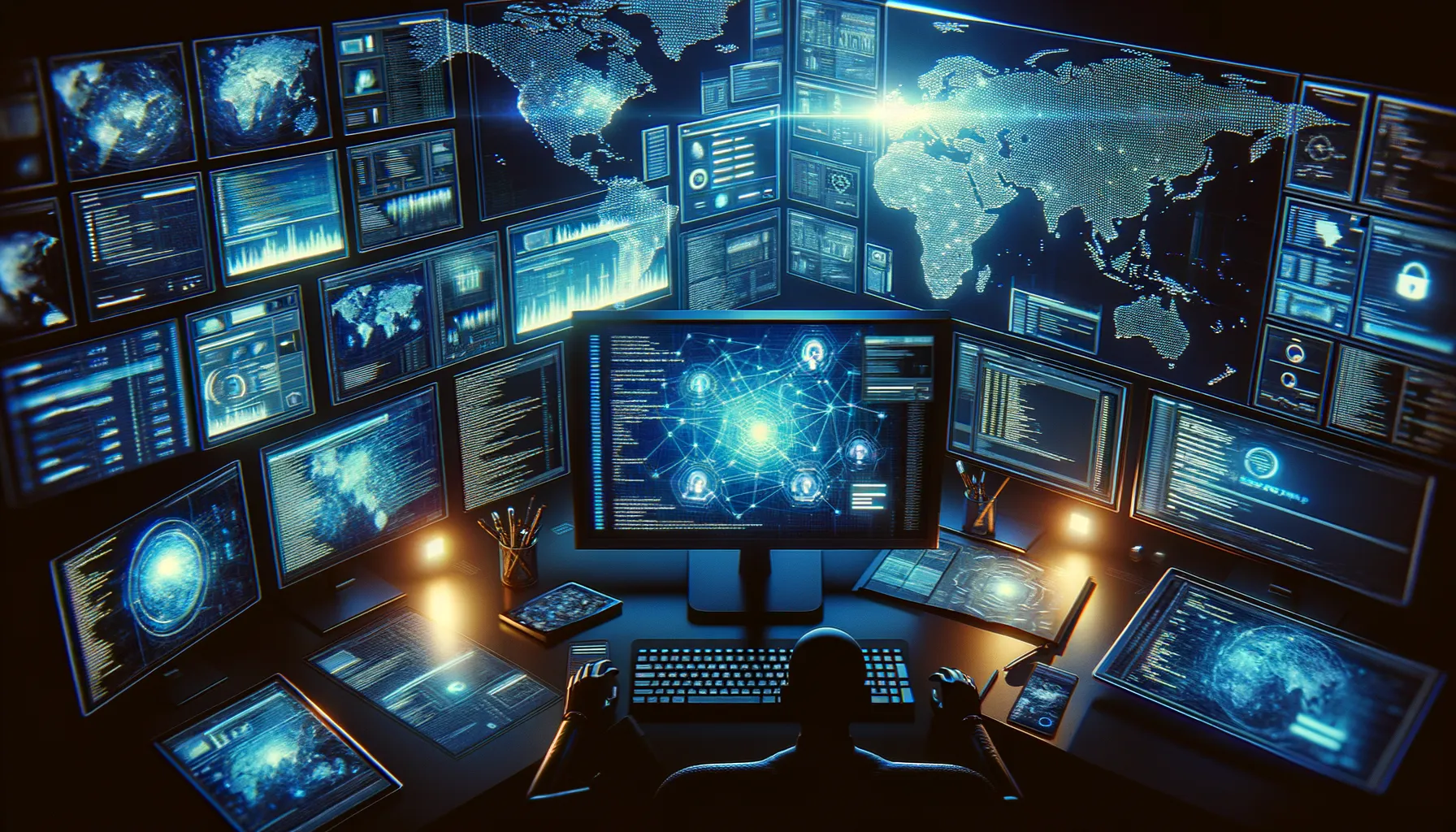 Dark workspace with multiple monitors displaying AI chat interfaces and code in a cybersecurity atmosphere