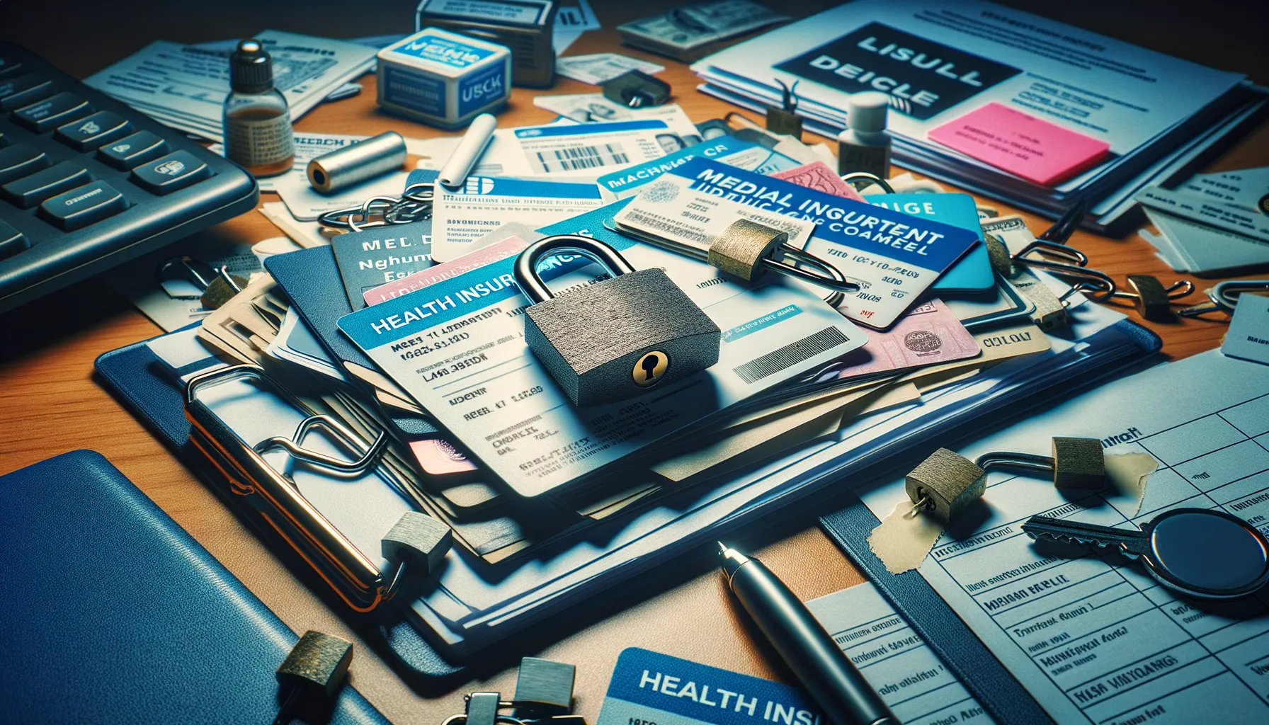 A medical insurance card and health documents scattered on a desk with a digital lock broken open representing a healthcare data breach