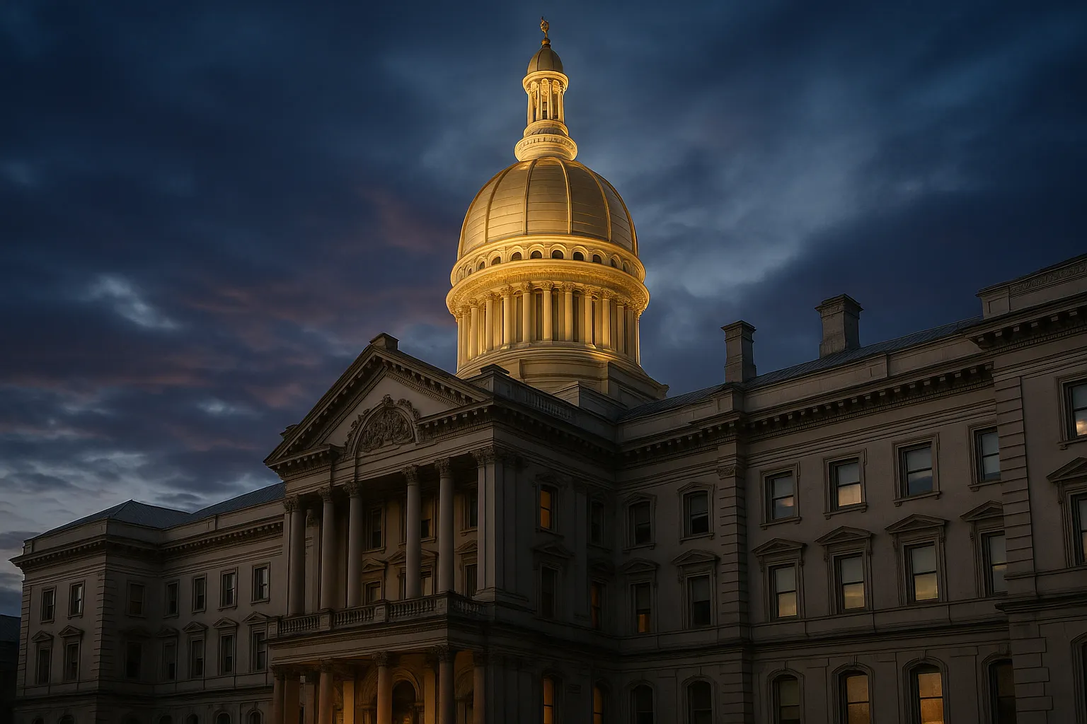 The New Jersey State House in Trenton with its golden dome at dusk, photographed from a low angle under a dramatic sky