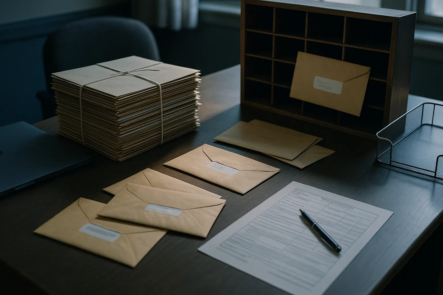 A government records desk with stacked file folders, sealed envelopes and a wooden mail sorter, indigo and blue tones, representing correspondence sent to the wrong recipient