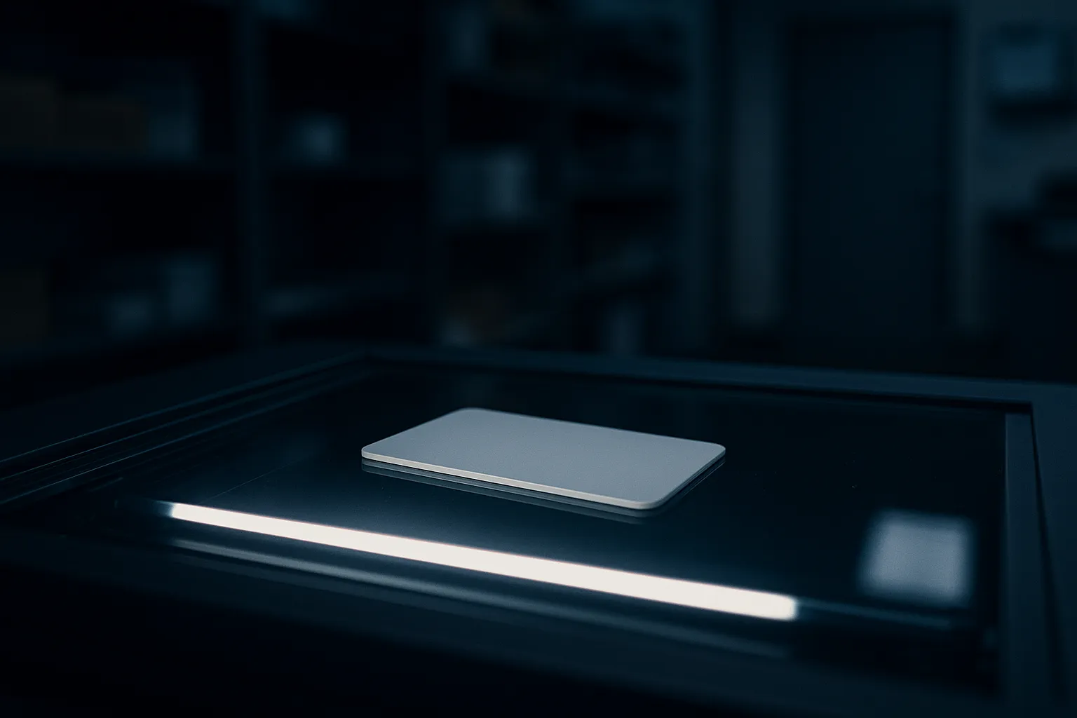 An unmarked plastic identification card lying face down on the glass of a flatbed document scanner in a dim retail back office