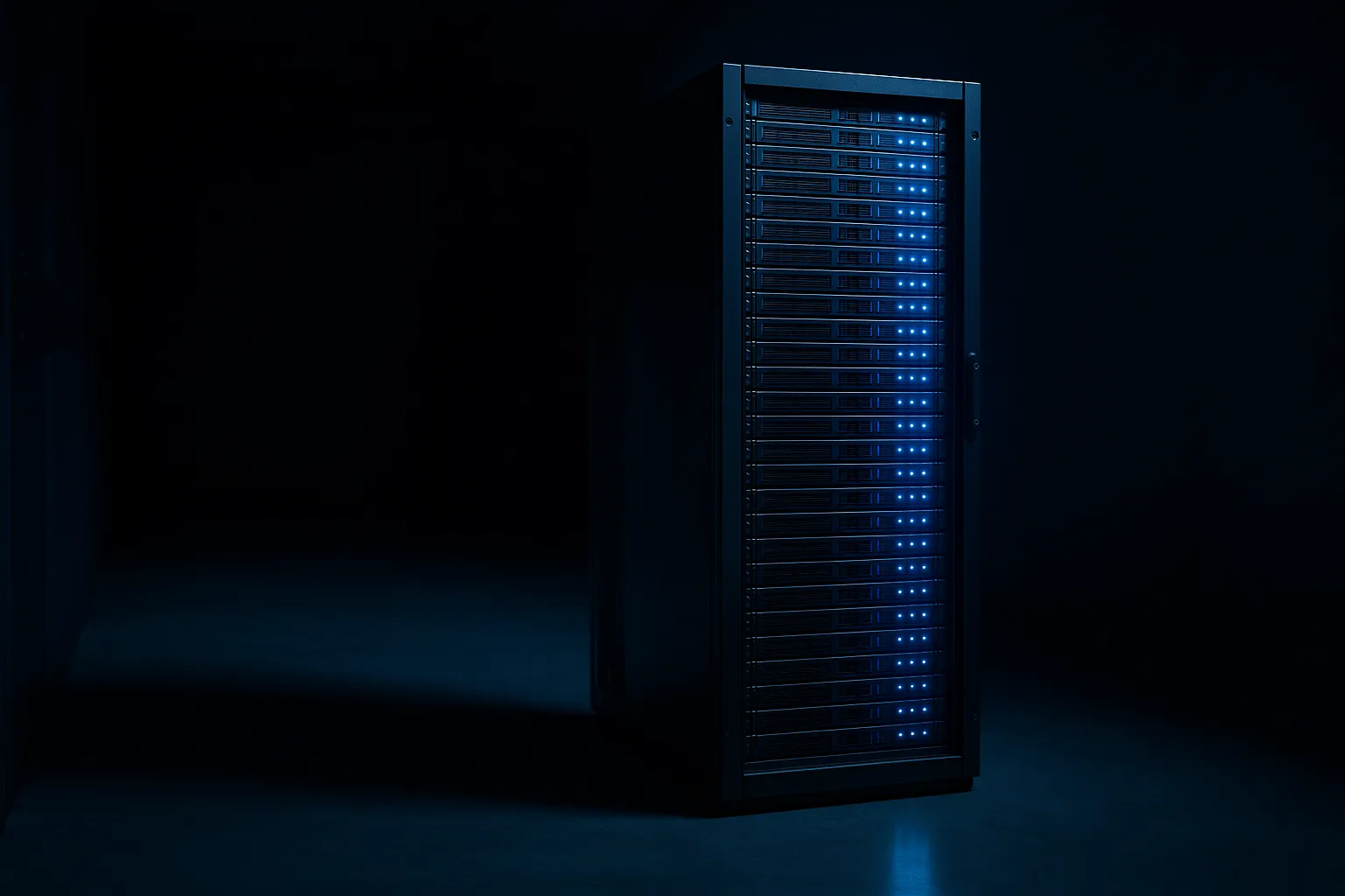 Illuminated server rack in a dark data center showing rows of running infrastructure with blue status LEDs