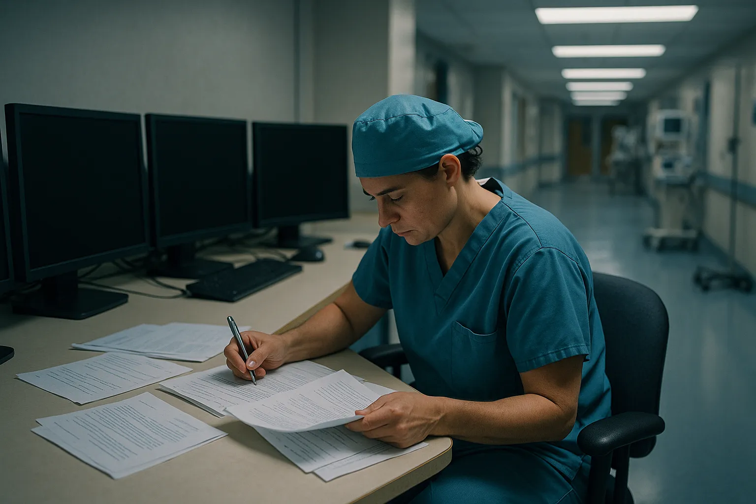 A hospital corridor with a medical professional reviewing paper documents at a desk, with darkened computer screens in the background suggesting a system outage