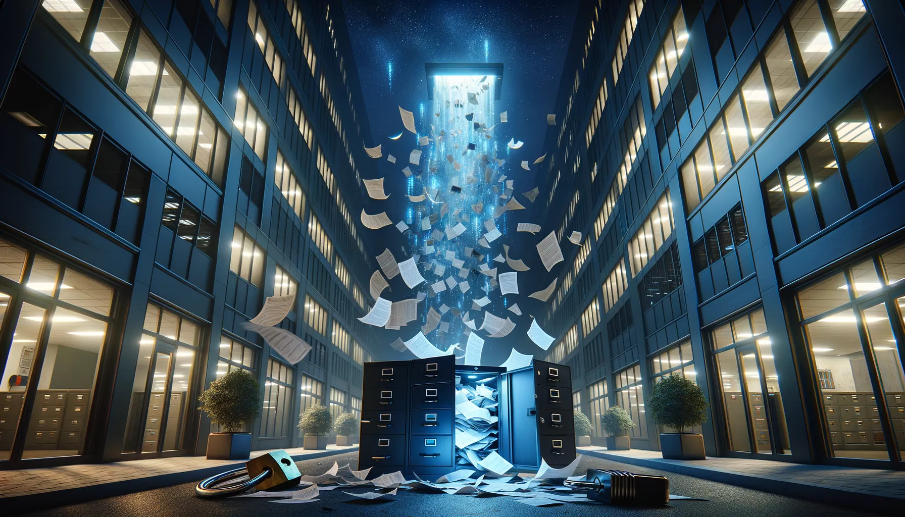 A corporate office building at night with filing cabinets open and documents dissolving into digital data streams in indigo and blue tones