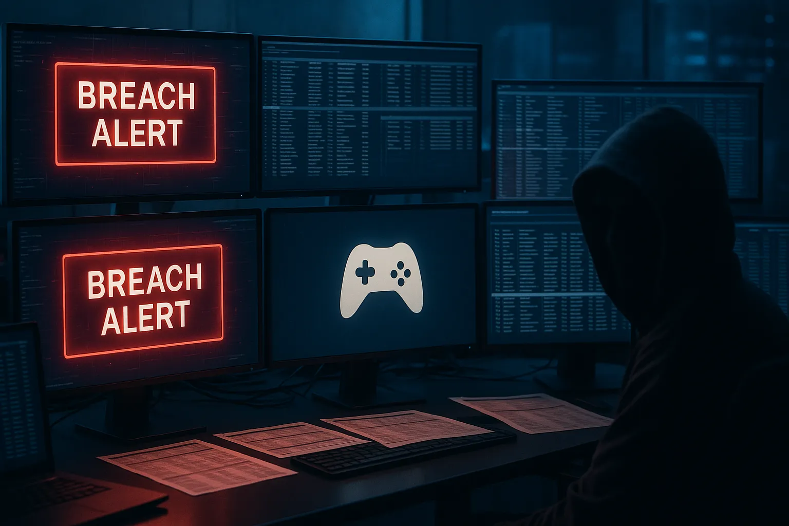 Corporate security operations center with red breach alert notifications on multiple monitors, employee data scattered across displays, indigo and blue tones