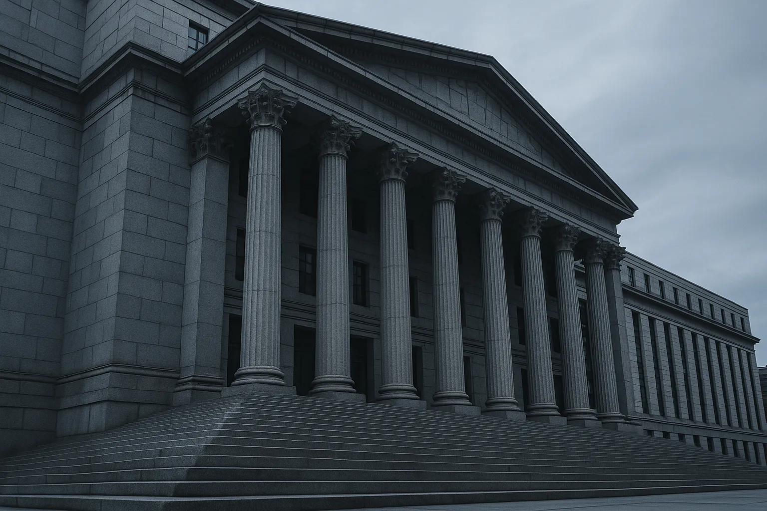The stone facade and columns of a US federal appeals courthouse photographed from a low angle in daylight
