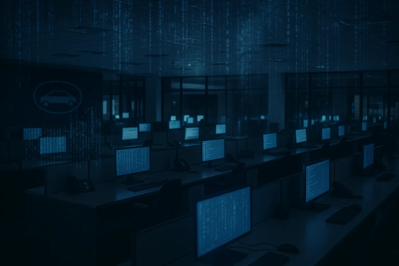 A corporate automotive office at night with empty desks and glowing monitors, conveying an enterprise HR and payroll system compromise
