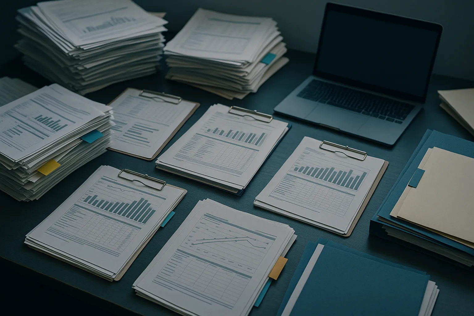 A cluttered research desk with stacks of paper reports, a highlighted priority queue chart, and a muted computer screen representing an overwhelmed vulnerability analysis workflow