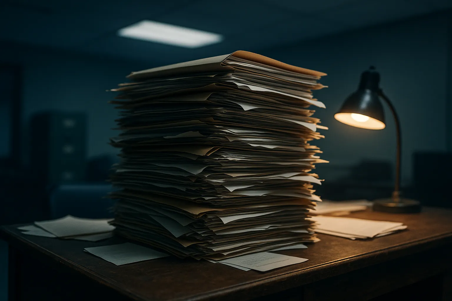 Overflowing stack of paper folders on a wooden desk in a dim government office, indigo and deep blue tones