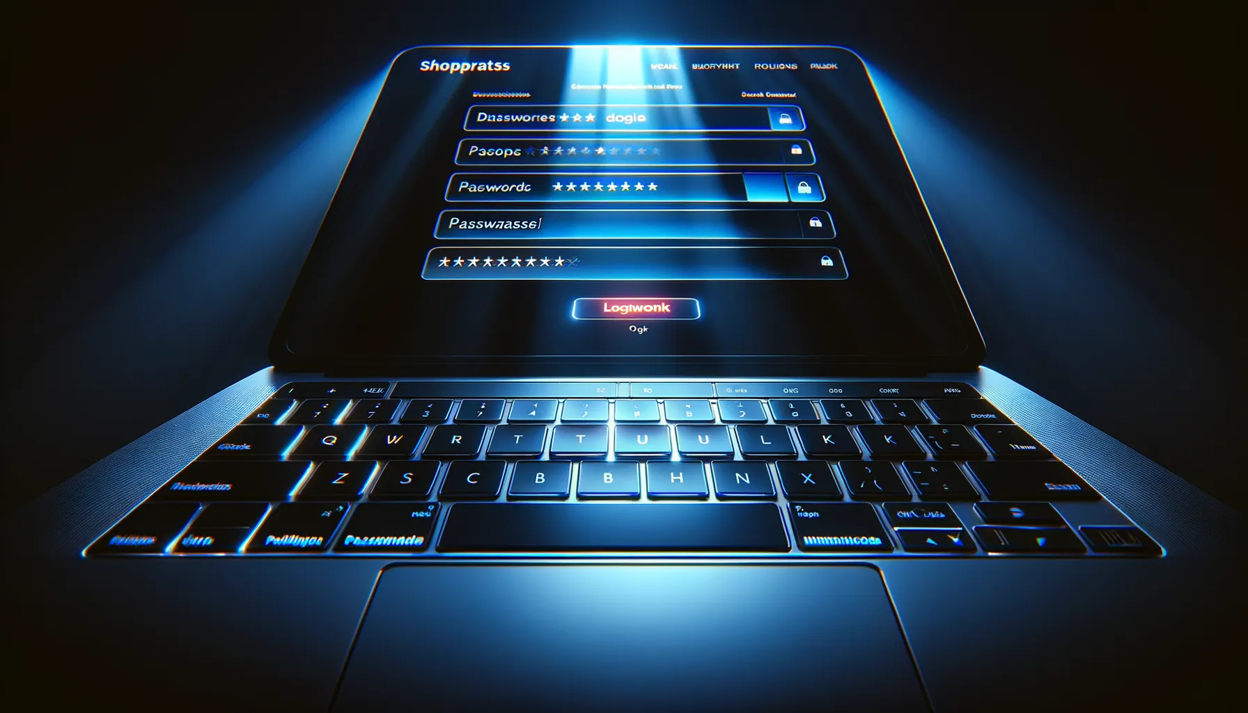 Laptop showing a login page with password fields in dramatic blue lighting