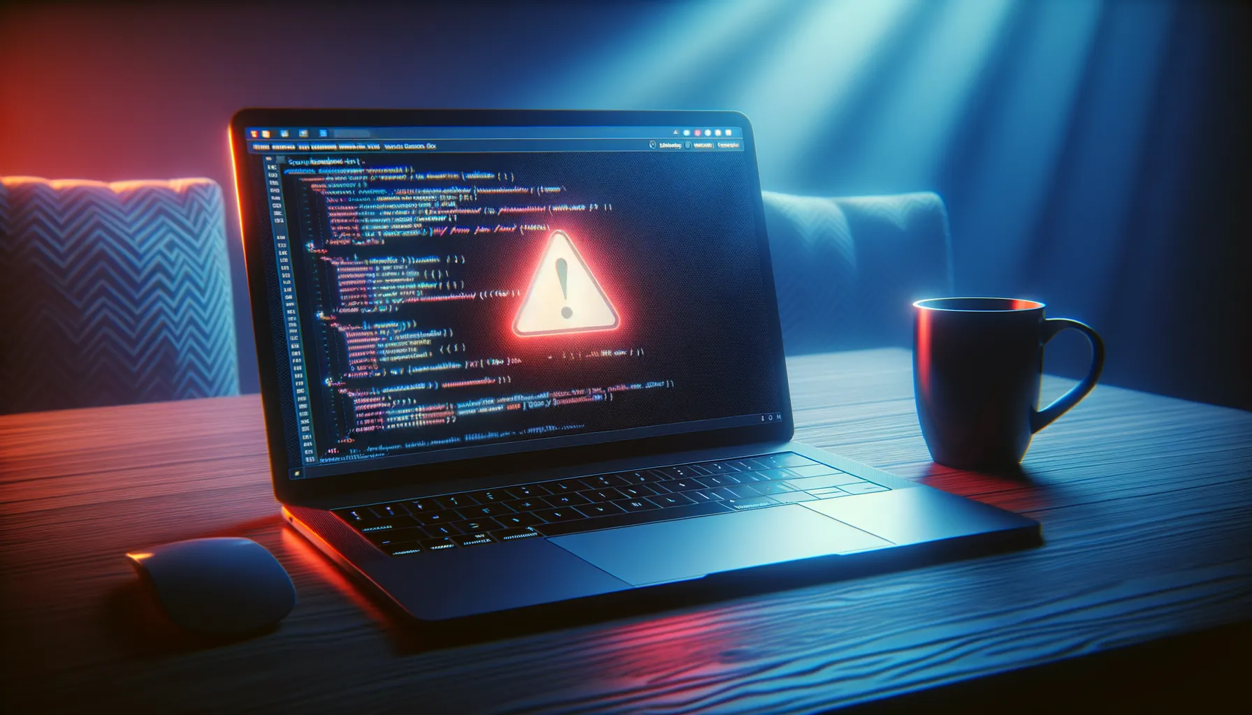 A developer's desk with a laptop showing a code editor, the screen casting a subtle red warning glow in an otherwise dark room