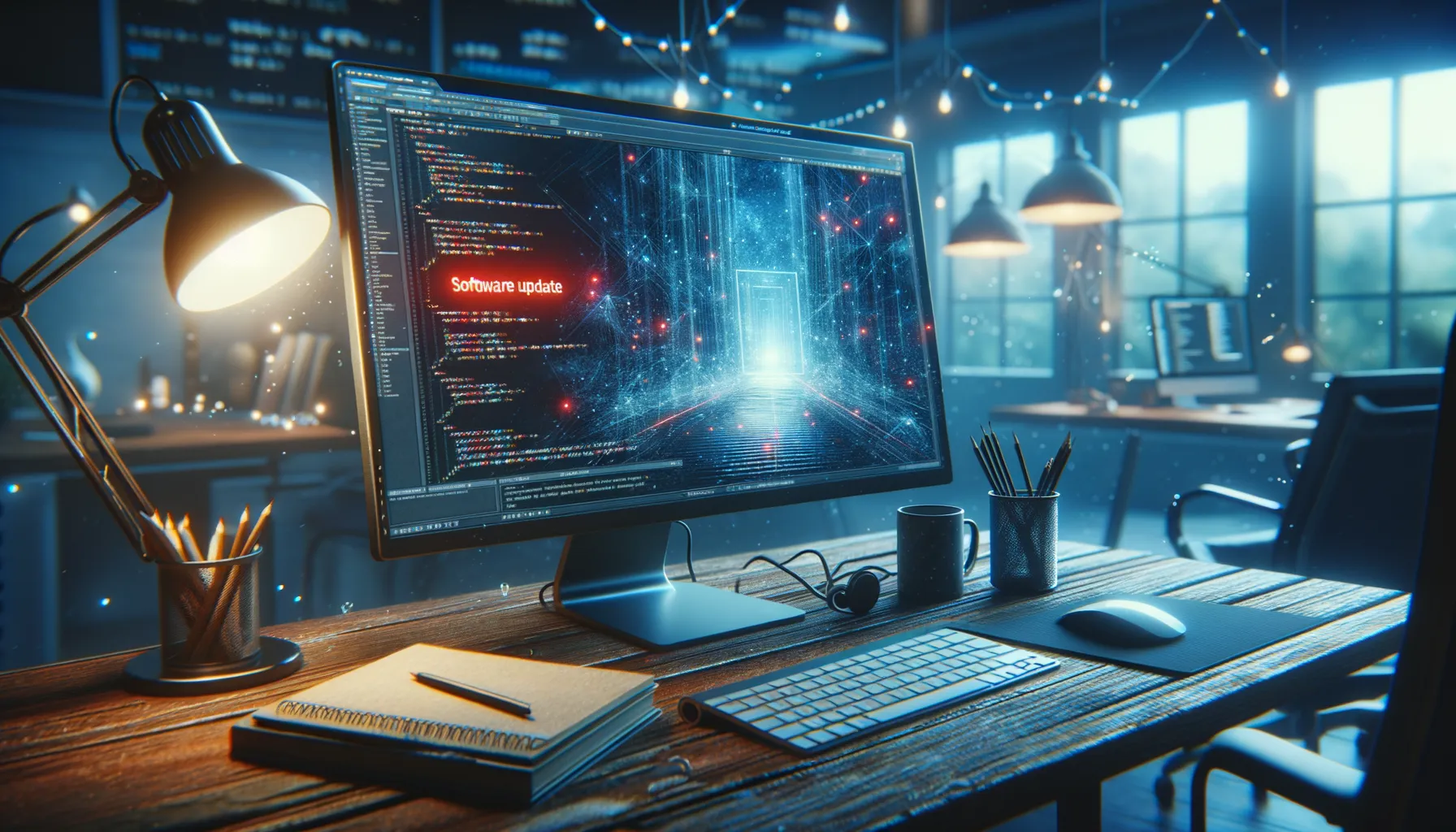 Developer workstation showing code editor with software update being intercepted