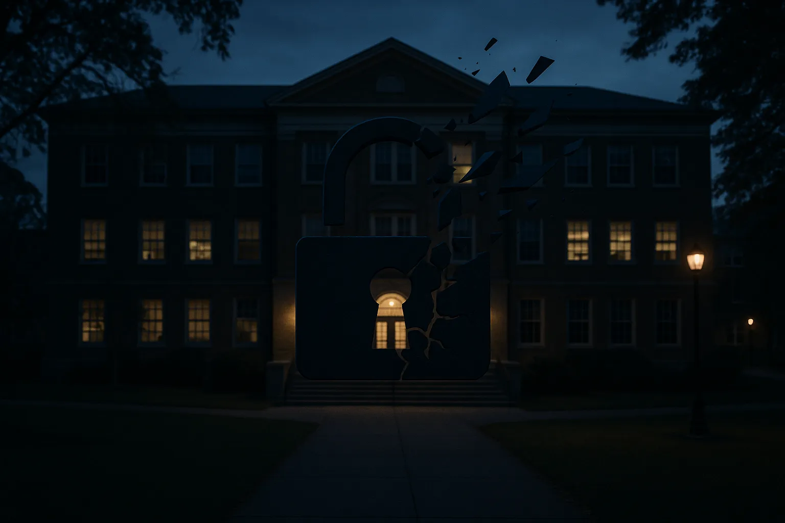A dimly lit university campus building at dusk with a breaking padlock overlay, representing a data breach at an educational institution