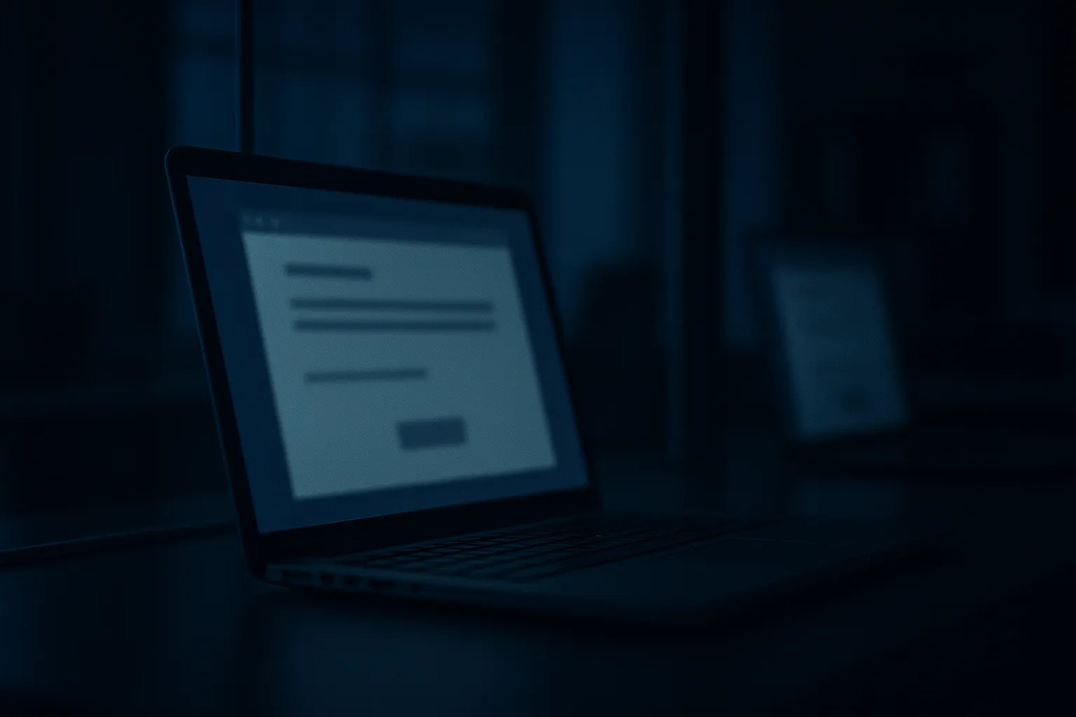 An editorial photograph of a laptop screen in a dim office showing a blurred document signature request, with a faint second reflection of the same screen on a glass partition behind it, cool indigo and blue tones