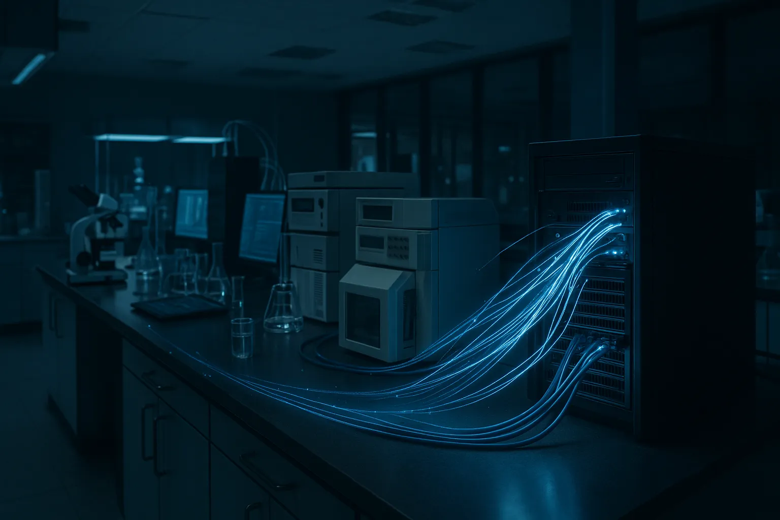 A pharmaceutical lab environment with broken code chains and glowing data streams, representing the Novo Nordisk FulcrumSec drug pipeline data breach