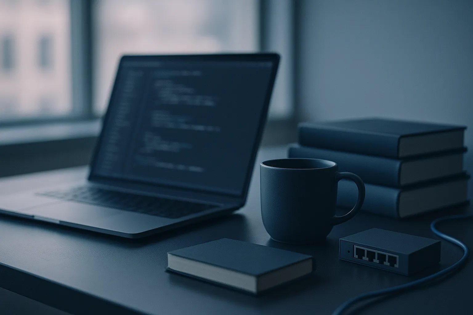 A photograph of a developer desk in soft daylight showing a laptop with an out of focus code editor, a stack of technical books, a coffee mug and a small network switch with a blue cable