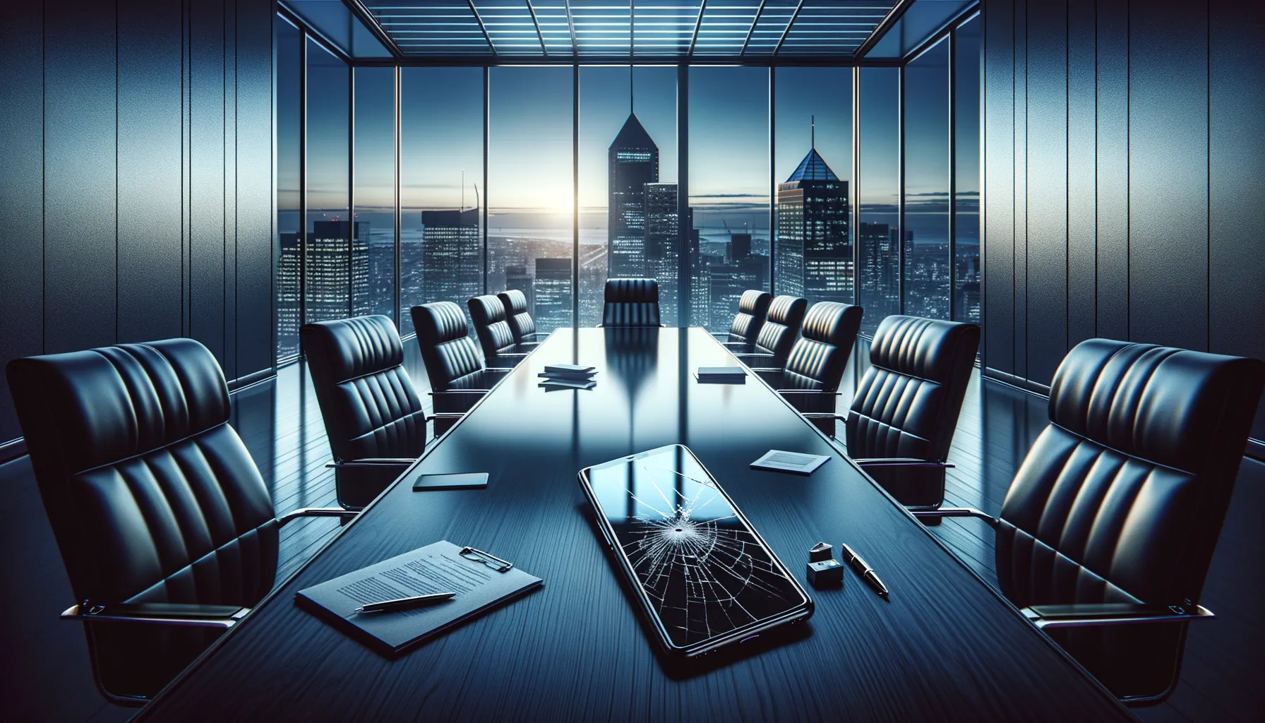 Empty corporate boardroom with smartphone on conference table, symbolizing NSO Group's hollow transparency claims