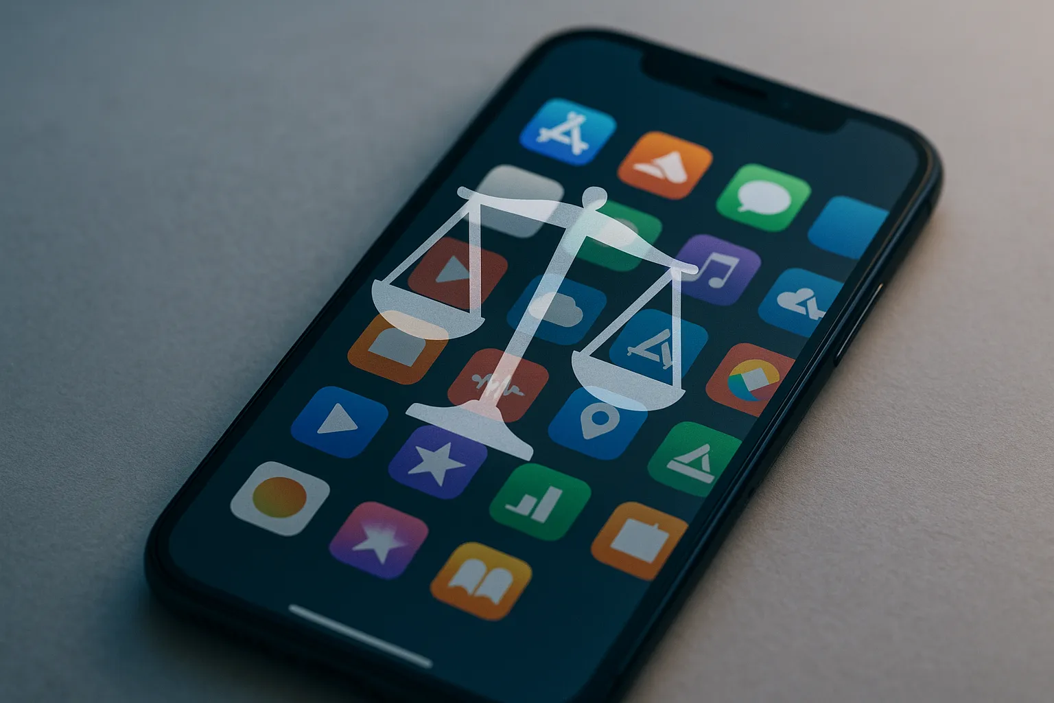 A smartphone displaying a grid of generic app store icons with a translucent legal scale overlaid on the screen, representing regulatory oversight of app marketplaces