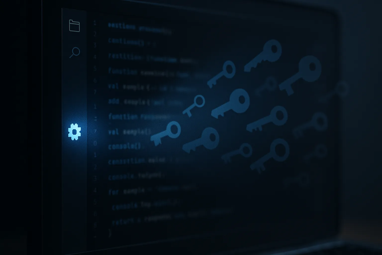 Code editor window with subtle blue light leaking from extension icon, representing a malicious VS Code extension stealing developer credentials