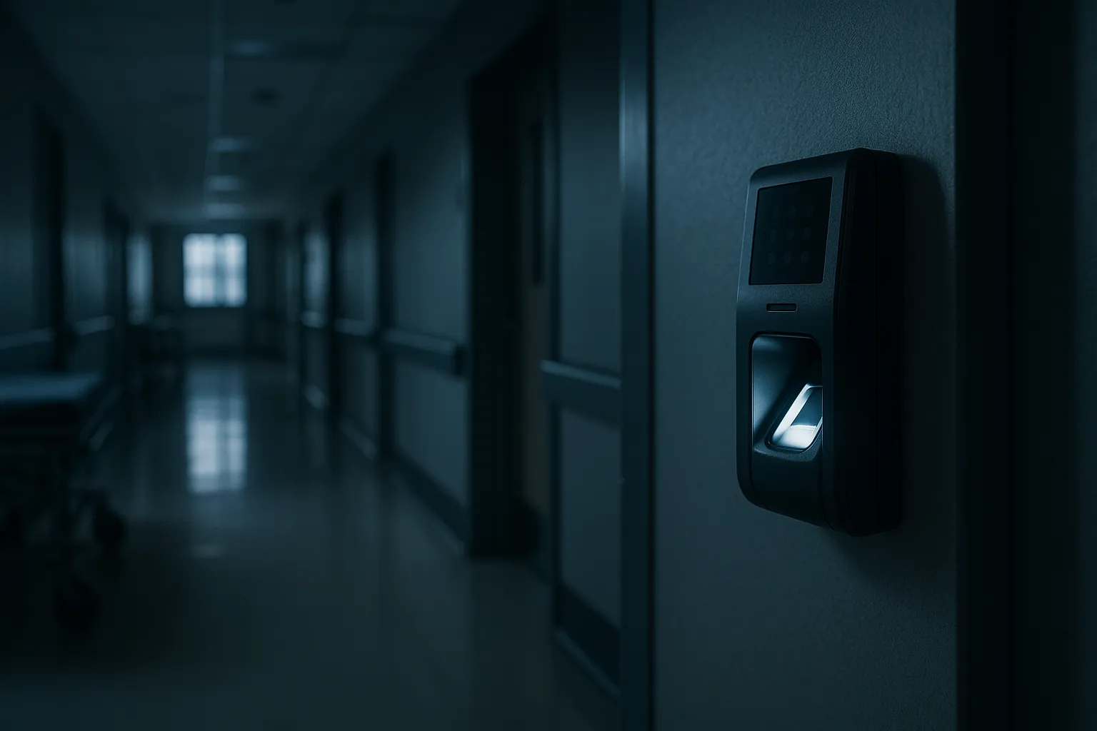 An editorial photograph of a quiet hospital corridor with a wall mounted biometric fingerprint scanner glowing faintly in muted clinical indigo light, shallow depth of field, evoking exposed patient records