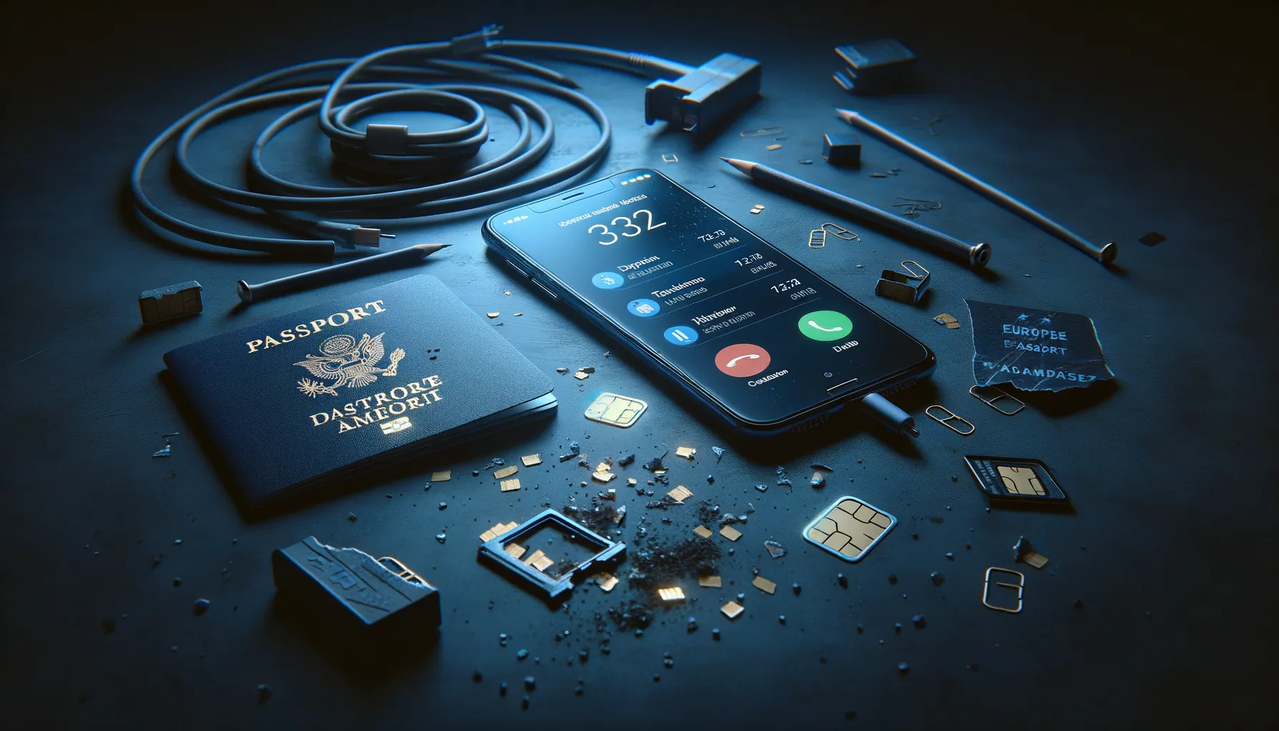 A smartphone with a SIM card ejected beside it on a dark surface with data cables