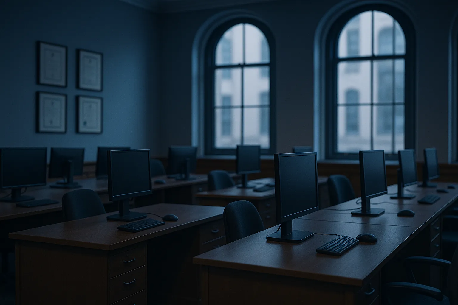 A photograph of a UK government regulator office interior with rows of empty desks, framed certificates on a wall, indigo and blue tones, soft natural daylight from a tall window