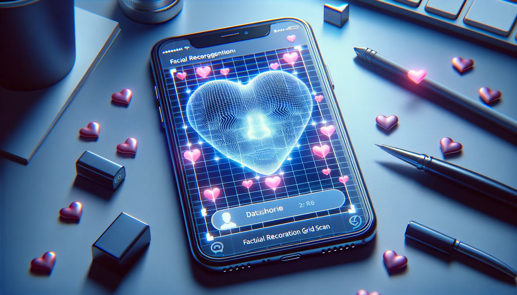 Smartphone displaying a dating app profile with a faded overlay of facial recognition grid lines