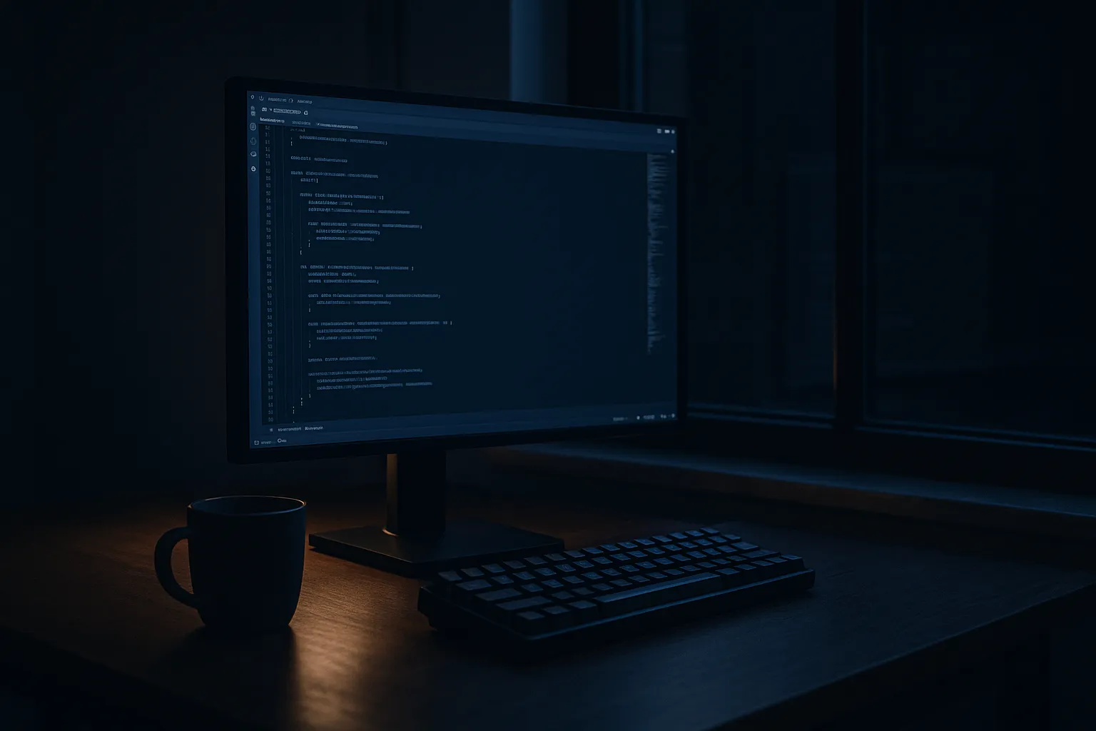 A developer's desk at night lit by a monitor showing a code editor, with a faint reflection of the same screen in the darkened window behind