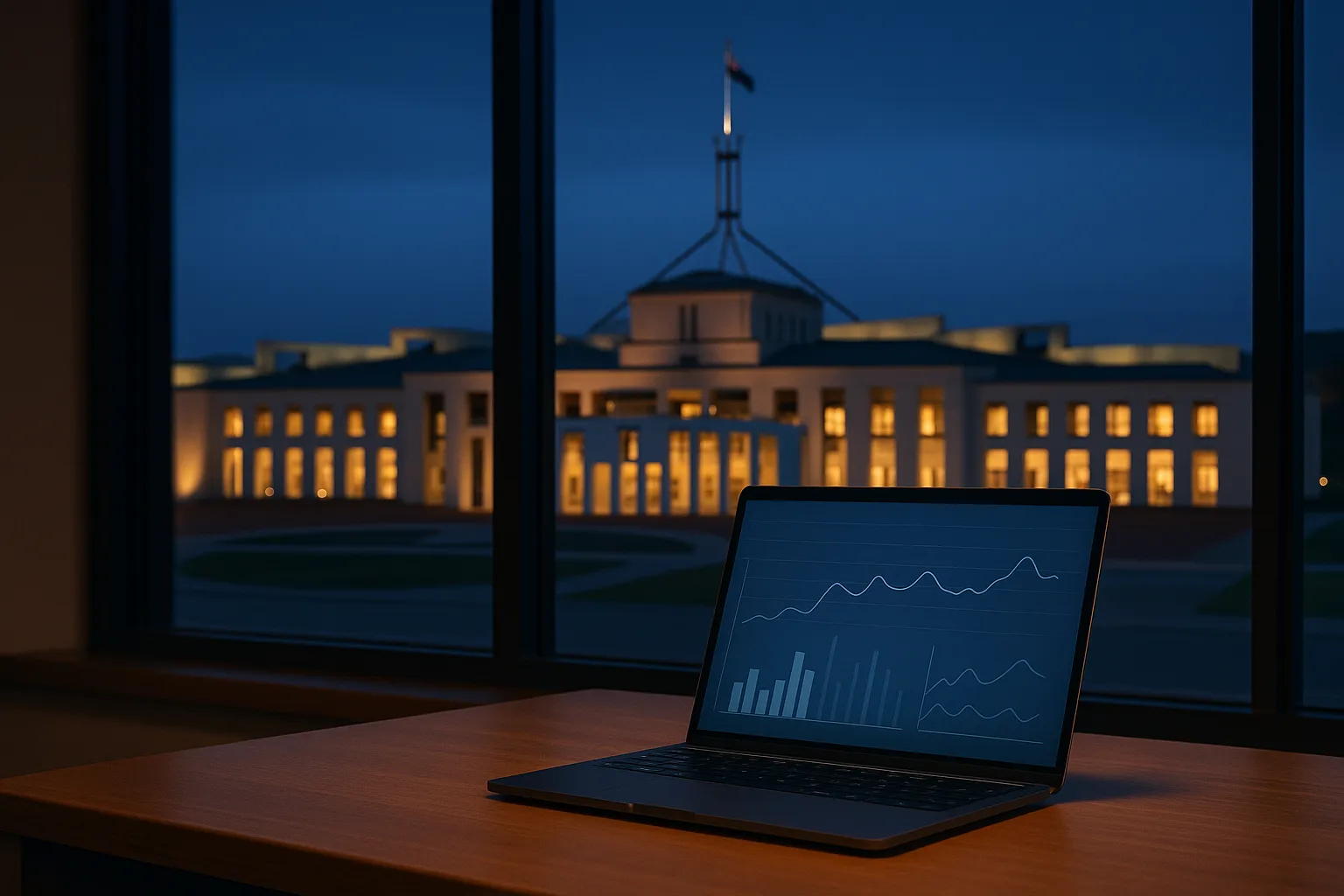 Australian Parliament House in Canberra at dusk seen through an office window, with a laptop on a desk showing abstract health statistics charts