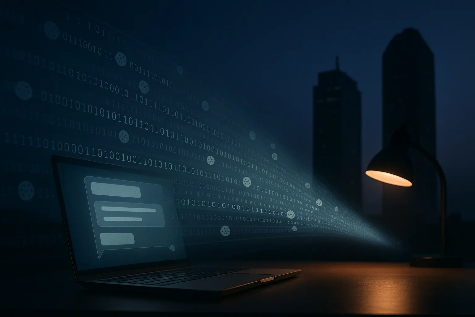 Editorial photograph of data streaming from a laptop displaying a chat interface toward distant skyscrapers under an indigo evening sky