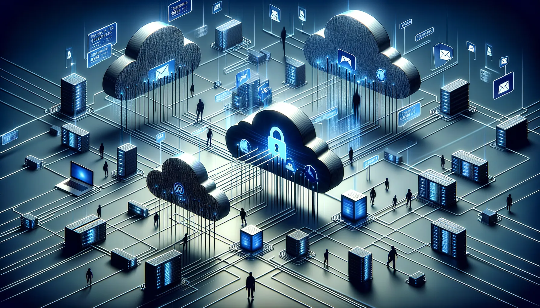 Digital illustration of personal data flowing through cloud servers with data streams being intercepted