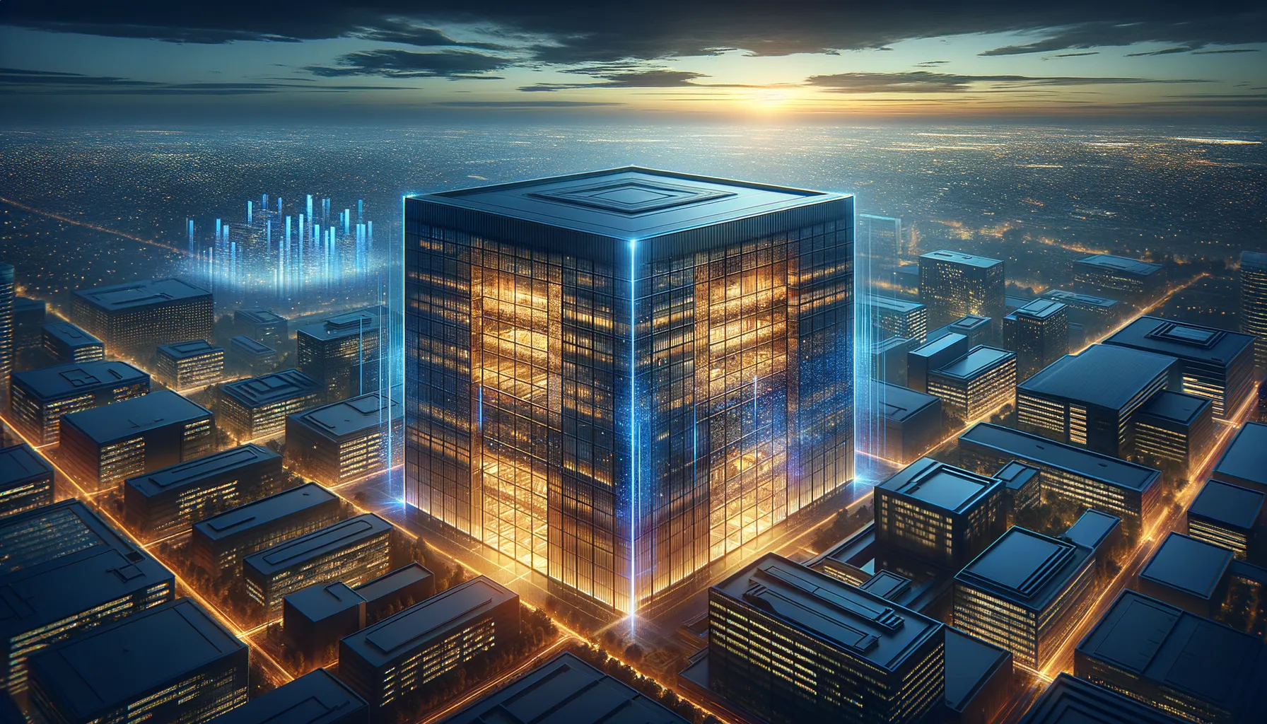 The Pentagon building at dusk with digital data streams connecting to distant server facilities, photographed in blue and indigo tones