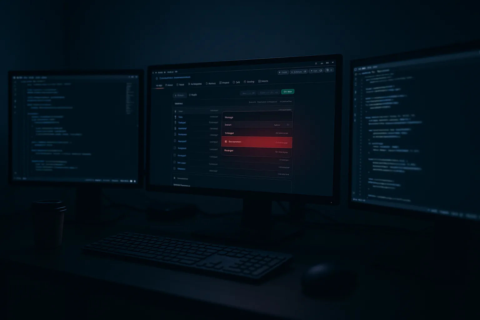 A developer workstation with multiple monitors, one highlighted with a subtle red warning glow indicating a malicious software repository