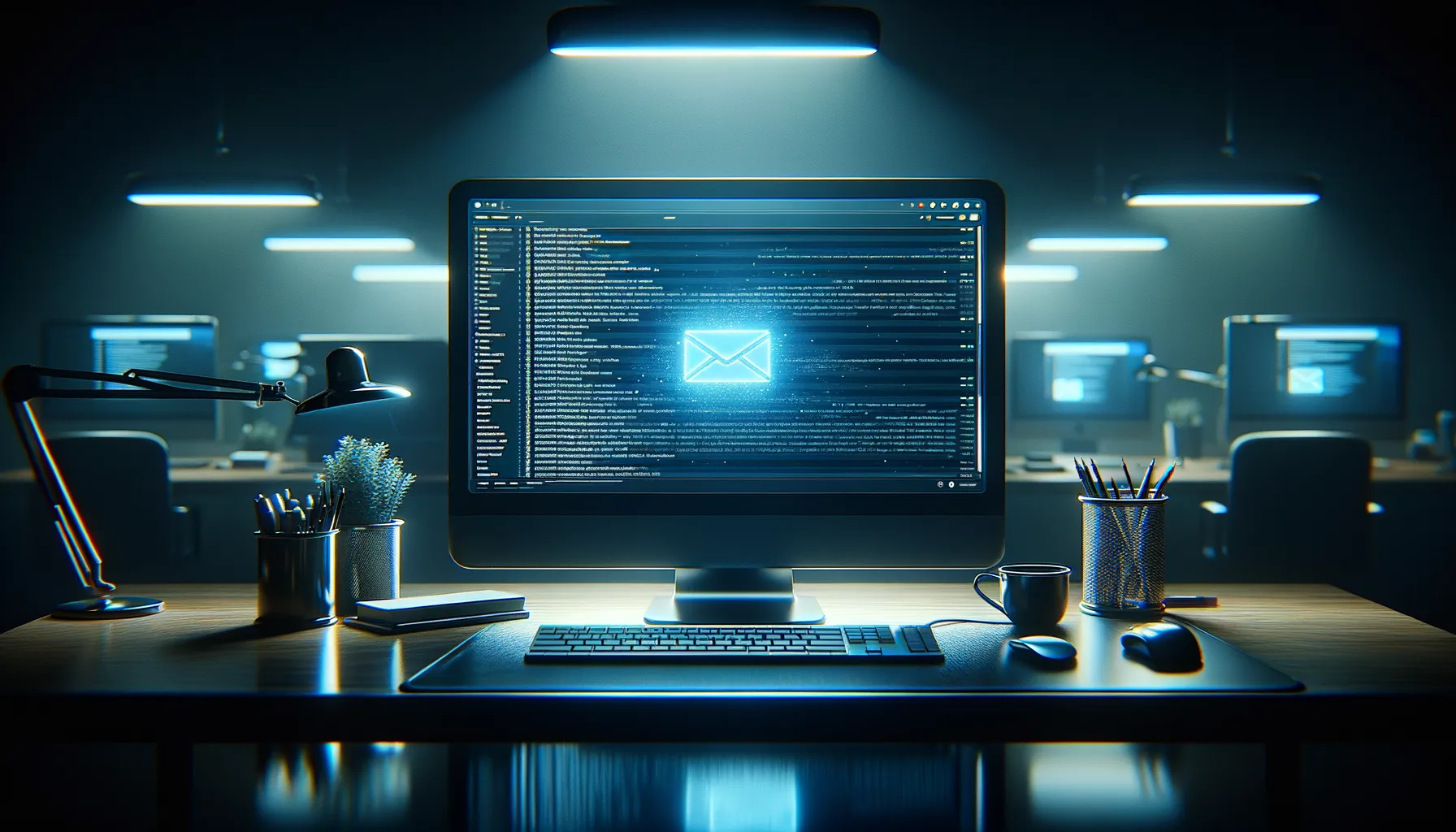 Computer monitor displaying an email inbox with subtle glowing code fragments emerging from one message representing a hidden email exploit