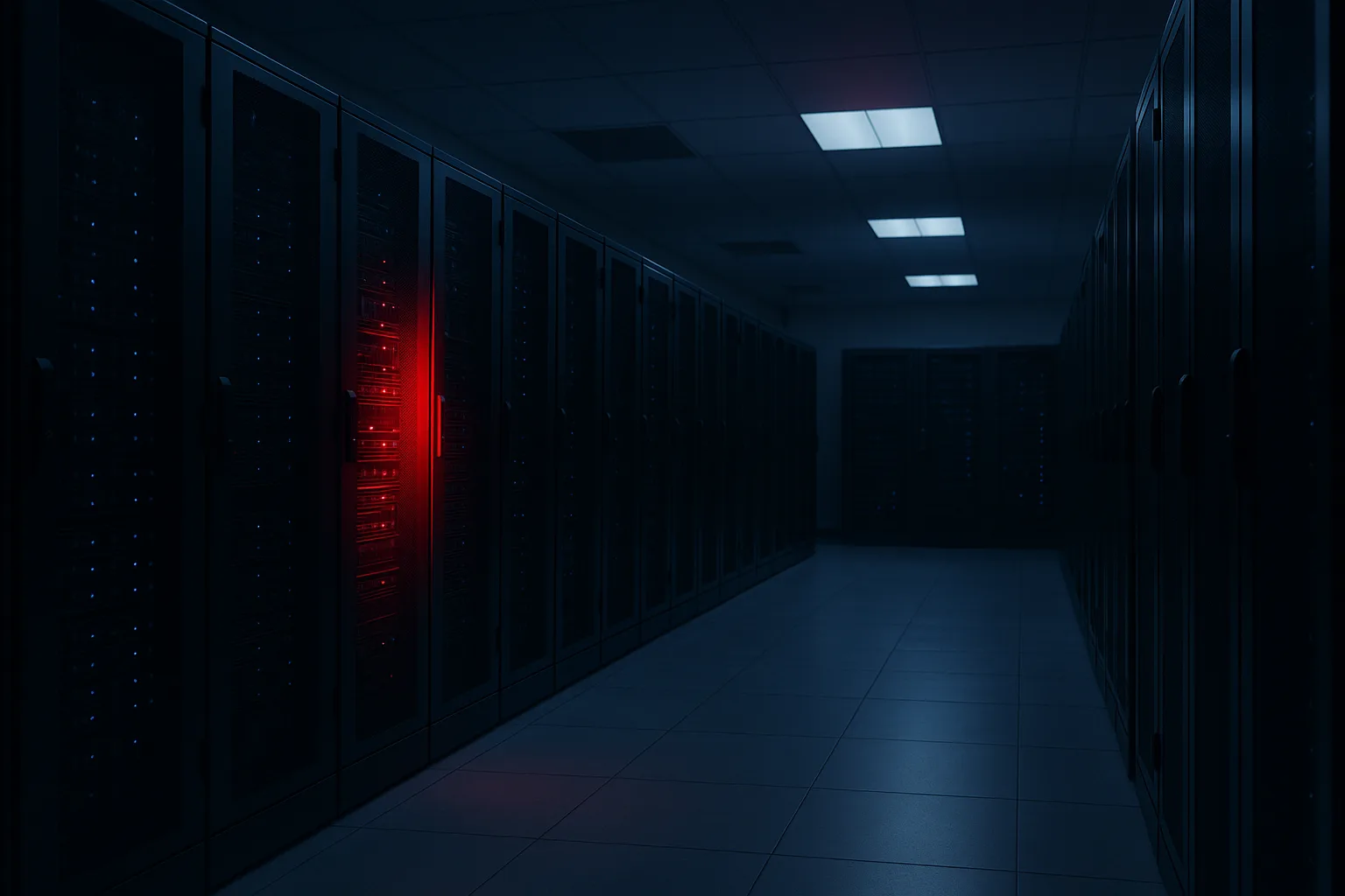 Enterprise server room with a glowing red breach indicator on one rack, representing the actively exploited PeopleSoft zero day