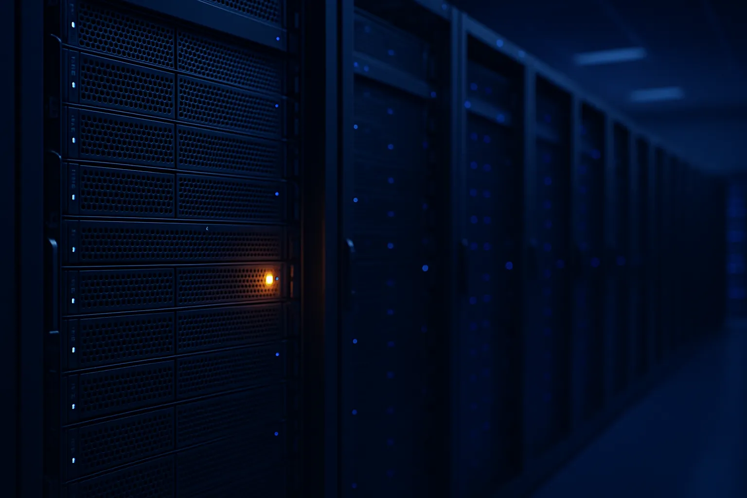 Enterprise server room with rows of data center racks lit in deep indigo and blue tones, a single amber warning light glowing softly on one rack in the foreground