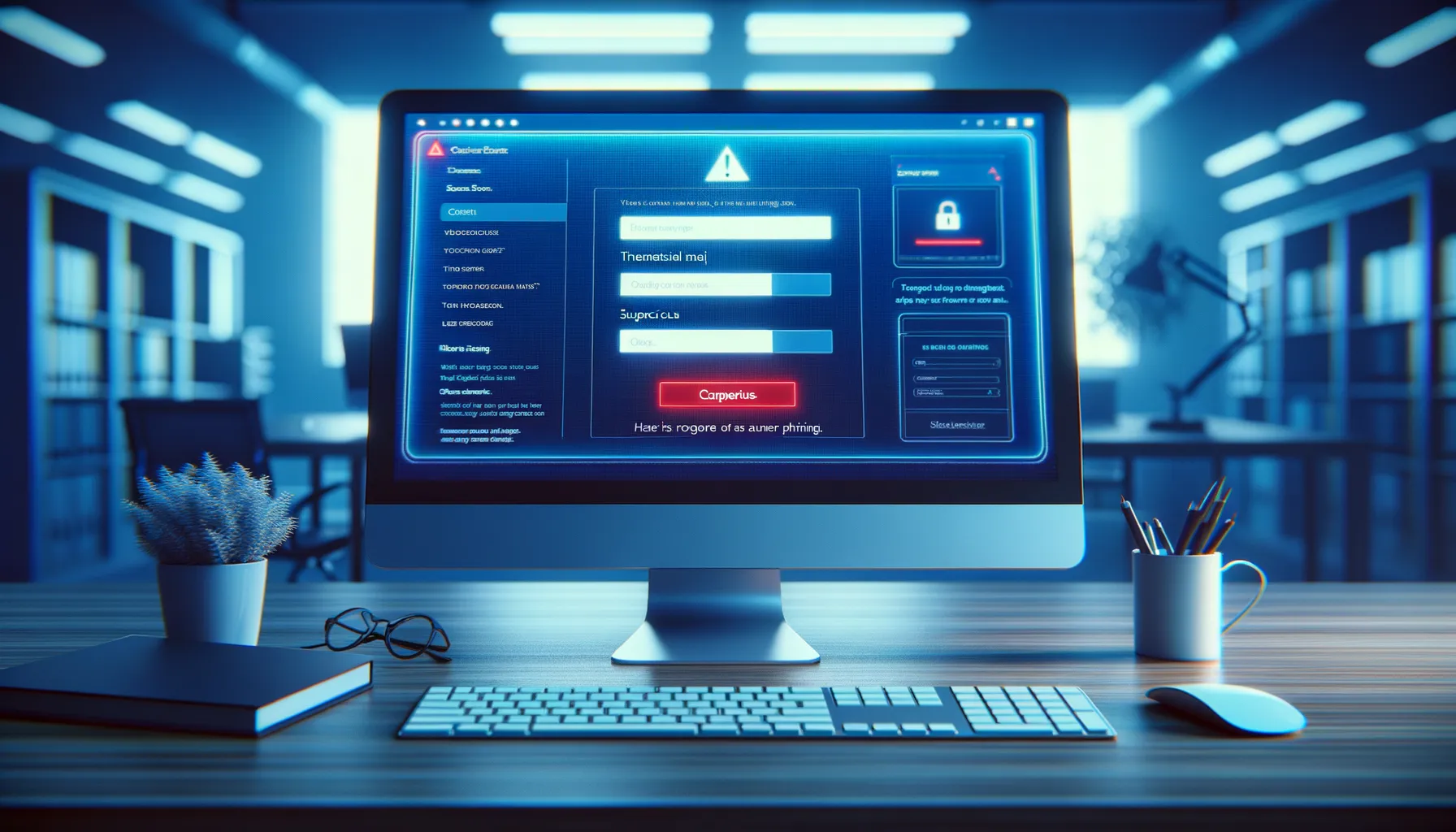 A computer monitor showing a Microsoft Outlook interface with a suspicious sidebar login prompt in an office setting