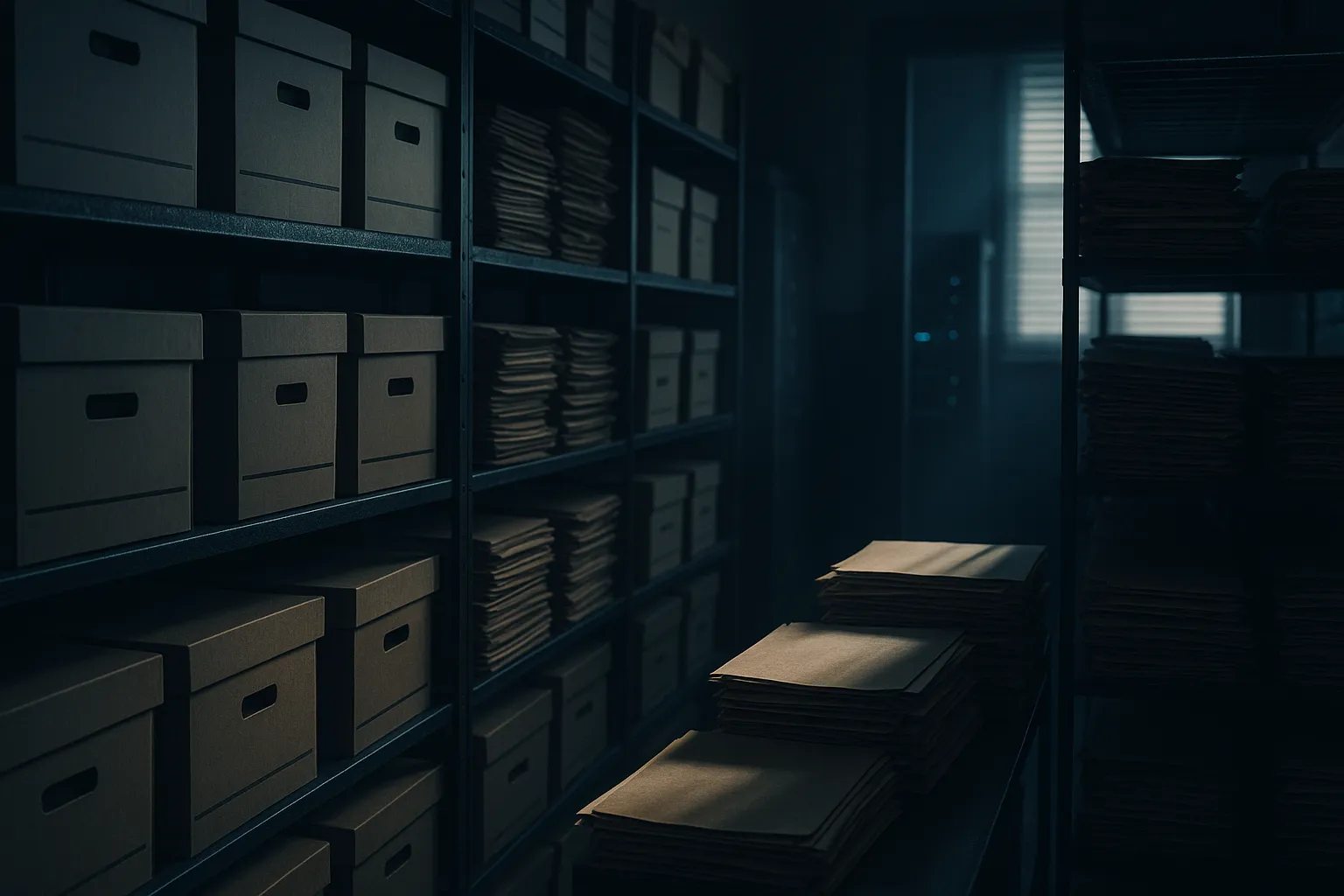 Rows of sealed case file boxes in a dim federal courthouse records room with a server rack glowing faintly in the background