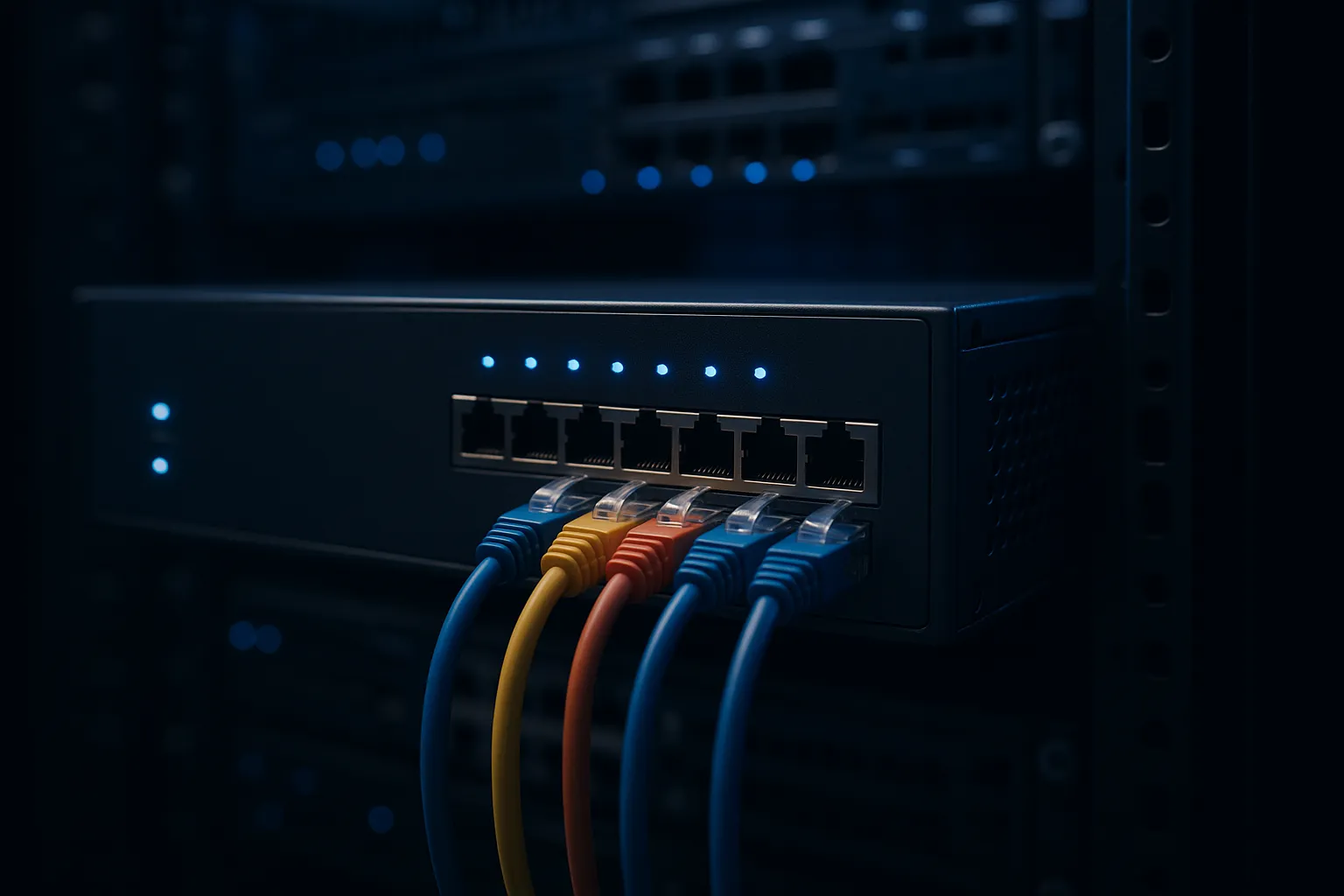 A close up photograph of an enterprise network firewall appliance in a dim server rack with multicolored ethernet cables and faint blue indicator lights, indigo and blue tones