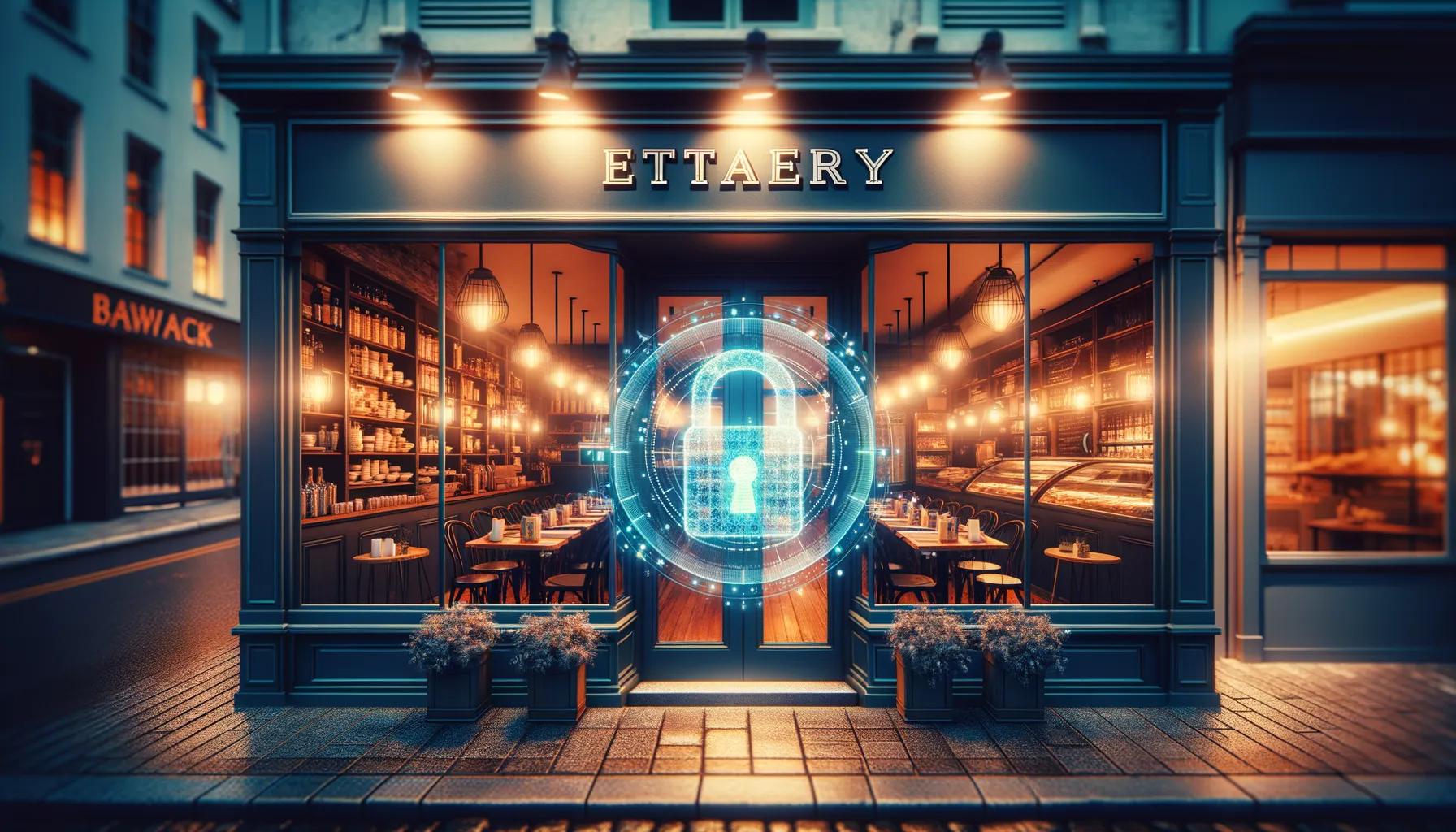 Restaurant storefront at dusk with digital padlock overlay suggesting a data breach