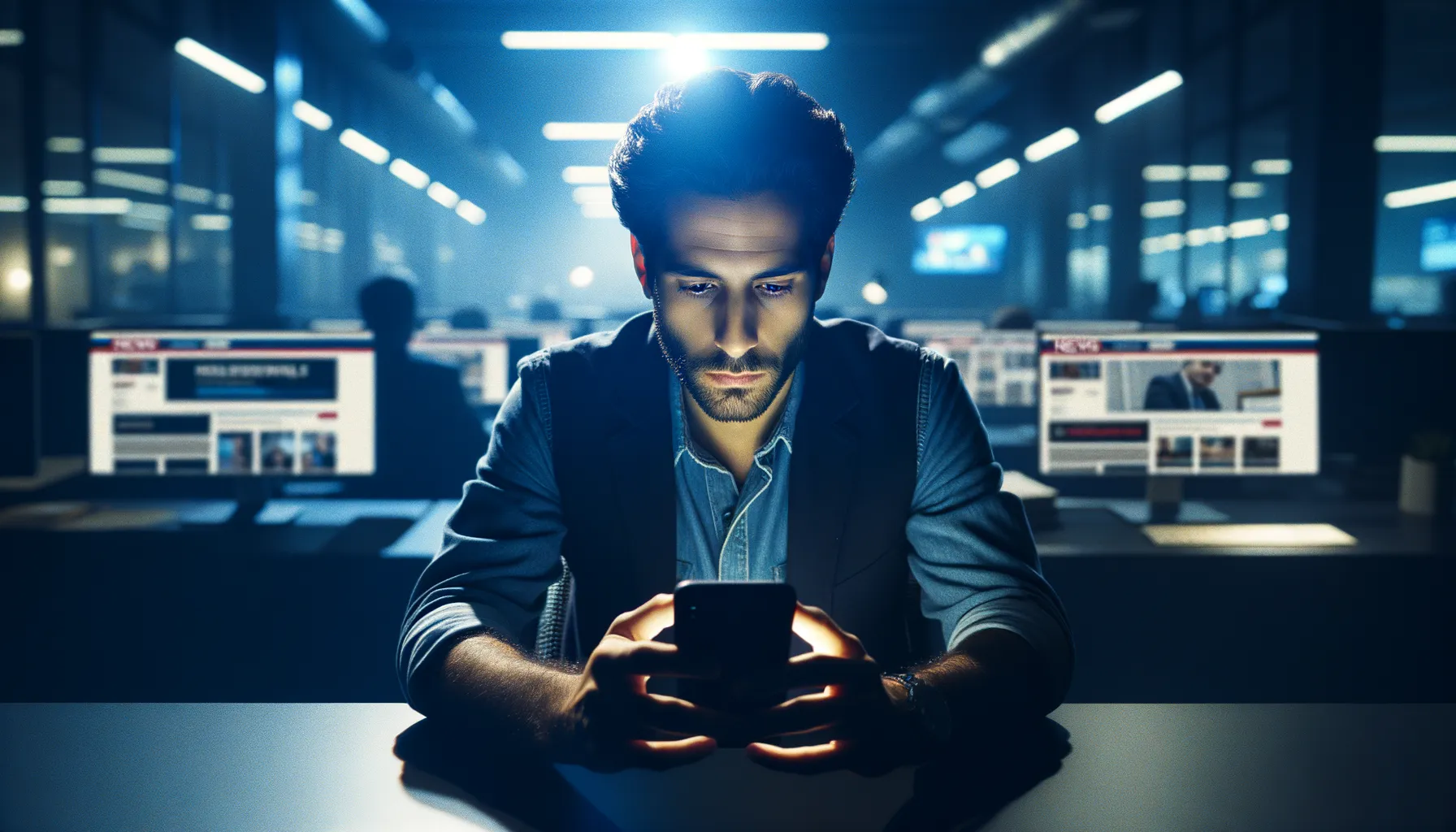 Journalist in a dimly lit newsroom examining their smartphone with concern
