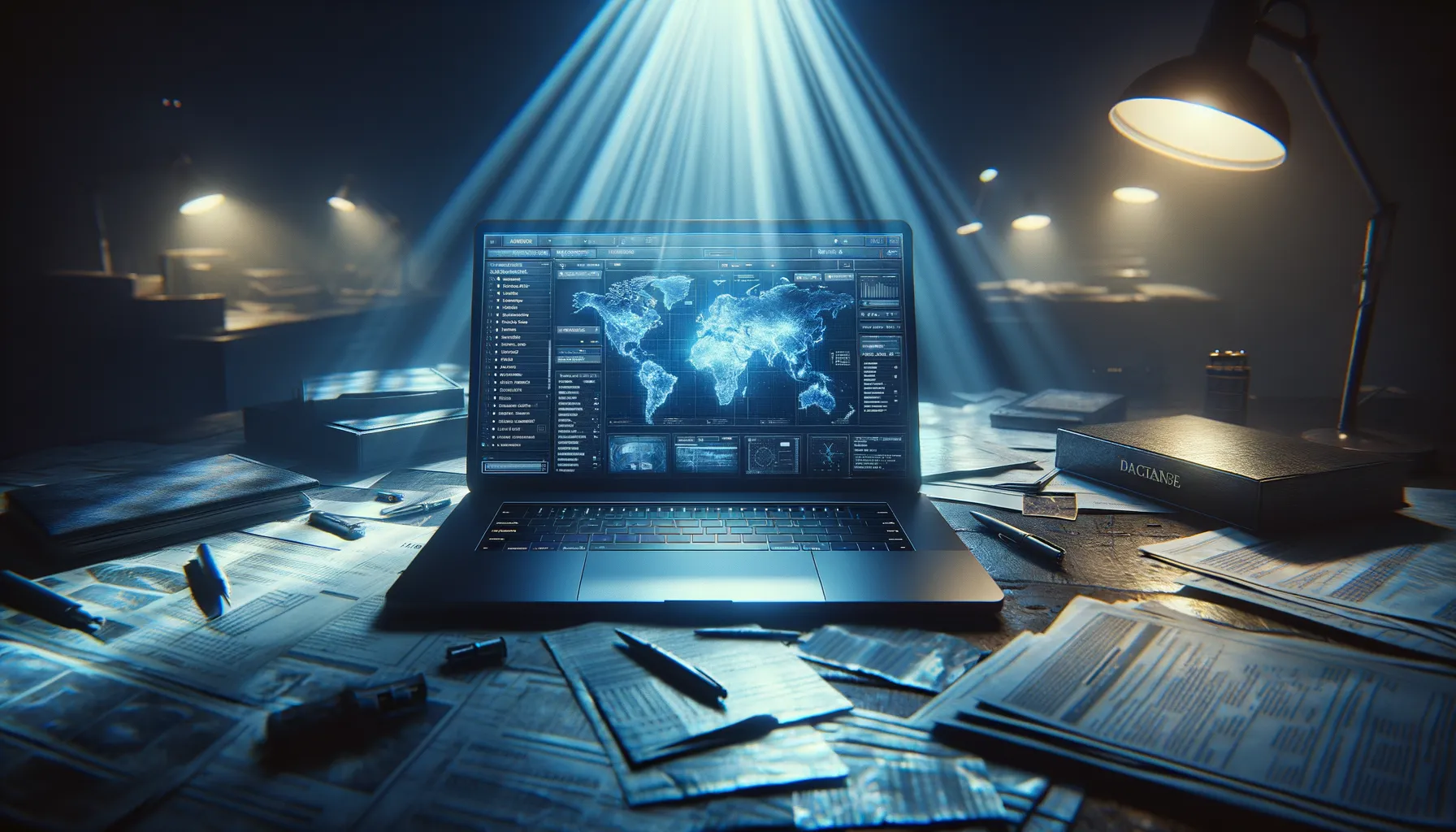 A laptop in a dark room showing a blurred surveillance dashboard with blue glow