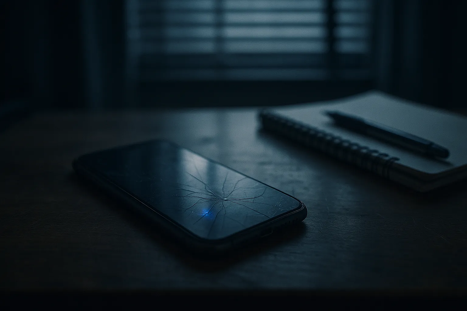 Smartphone with cracked screen on a wooden desk in a dimly lit room with closed blinds in background