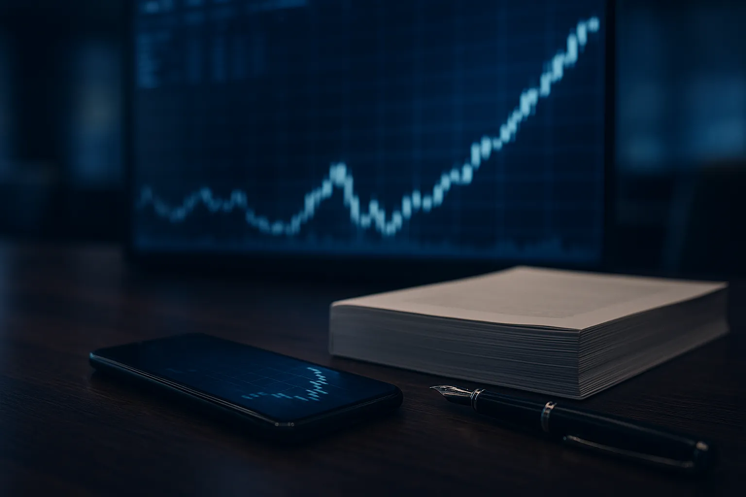 Smartphone on a boardroom table beside a financial prospectus with a stock chart in the background, illustrating Paragon spyware going public through the REDLattice SPAC