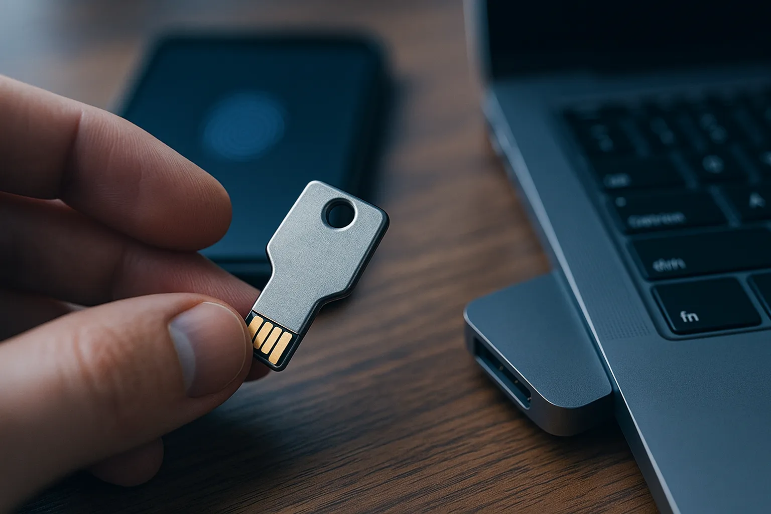 A laptop screen showing a system authentication prompt with a fingerprint icon, a hardware security key resting on the desk beside it, and a faint second window overlapping the prompt from behind