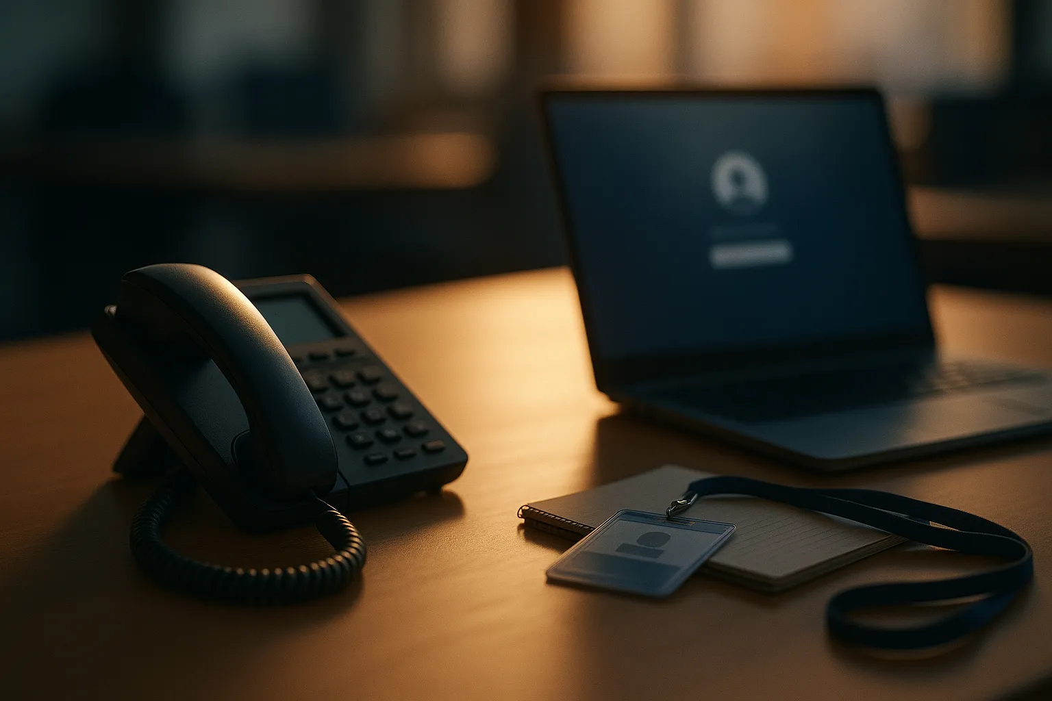 A corporate help desk telephone on an empty office desk beside a laptop showing a blurred login page, illustrating the fake IT support calls used in passkey themed phishing