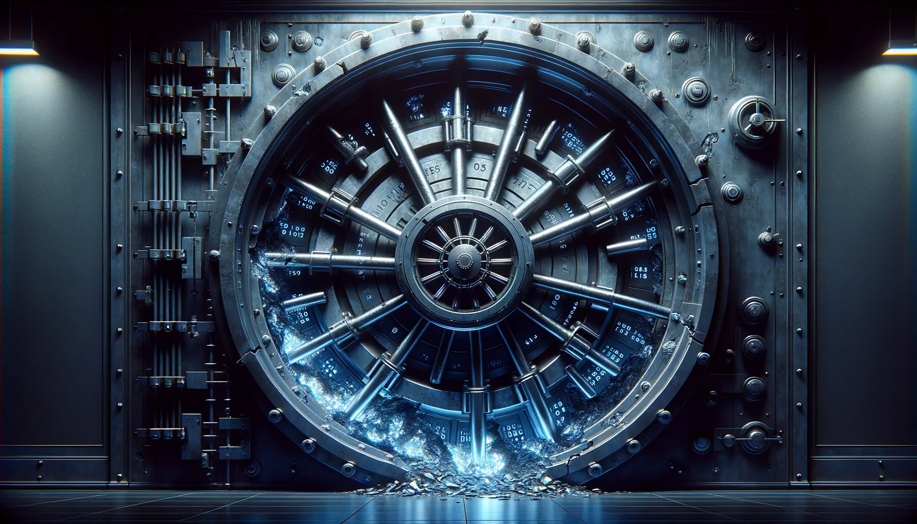 A digital vault with cracks forming across its surface, revealing rows of passwords behind the fractured encryption