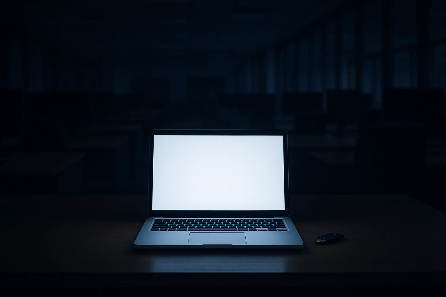 A single open laptop glowing on an empty desk in a dark corporate office at night with an unplugged hardware security key beside it