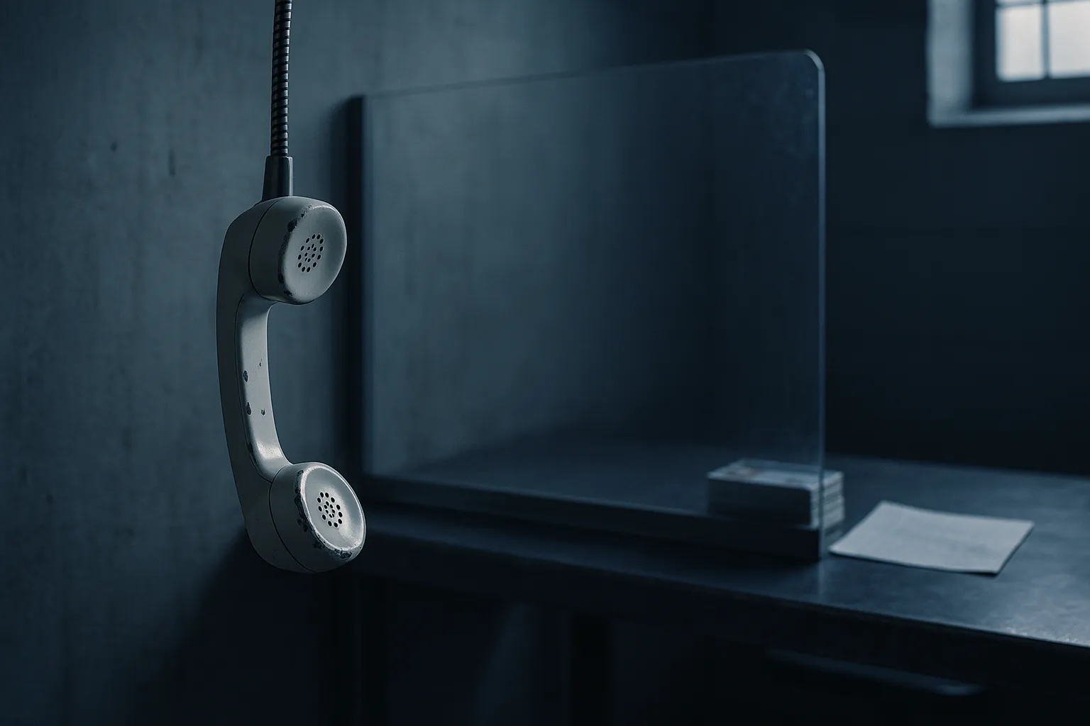 A chipped prison visitor phone receiver hanging from its cord beside a metal table holding stacked driver license cards and a folded handwritten letter